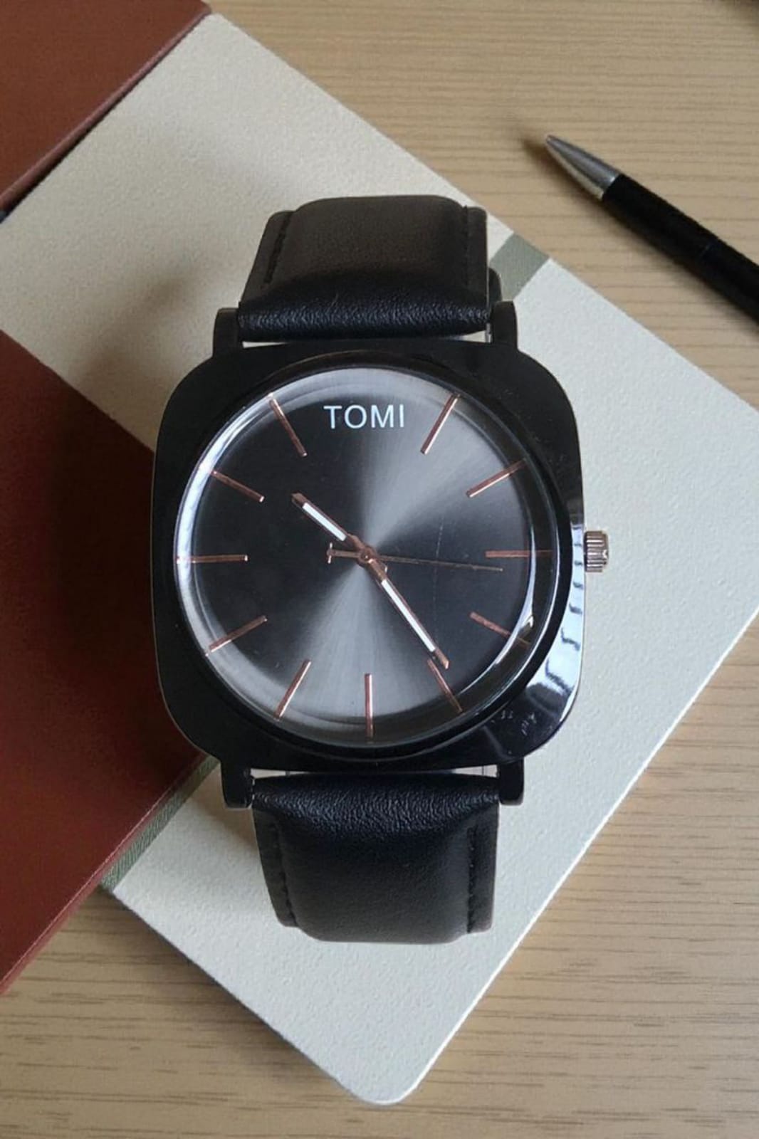 TOMI - T65 Edge Curved Square Black Dial With Luxury Black Leather Strap