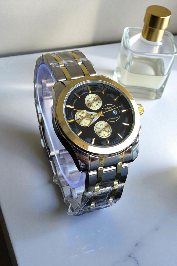 TISSOT- N21 Silver Golden Chain With Stunning Black Dial In Luxury Look