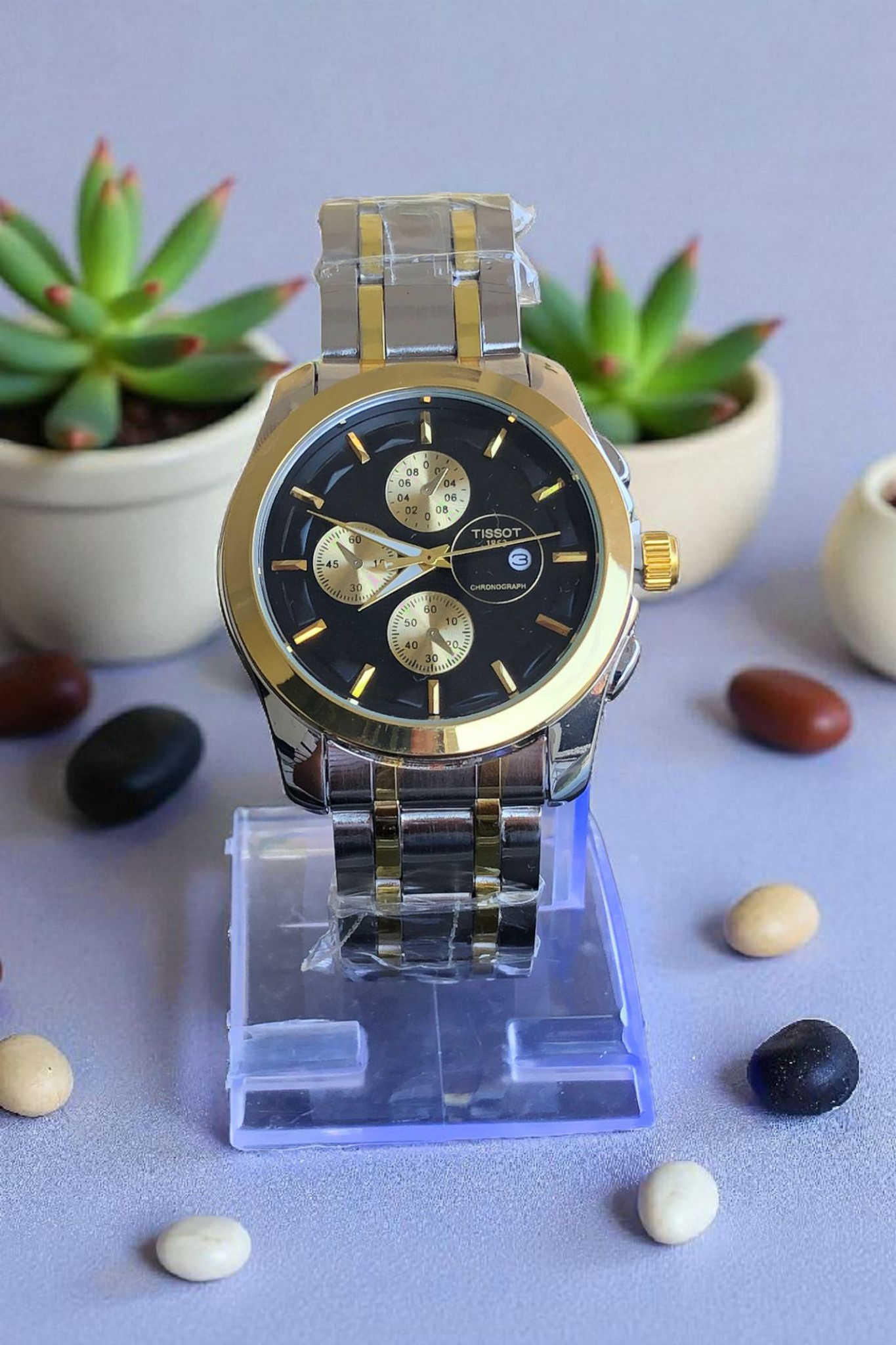 TISSOT- N21 Silver Golden Chain With Stunning Black Dial In Luxury Look