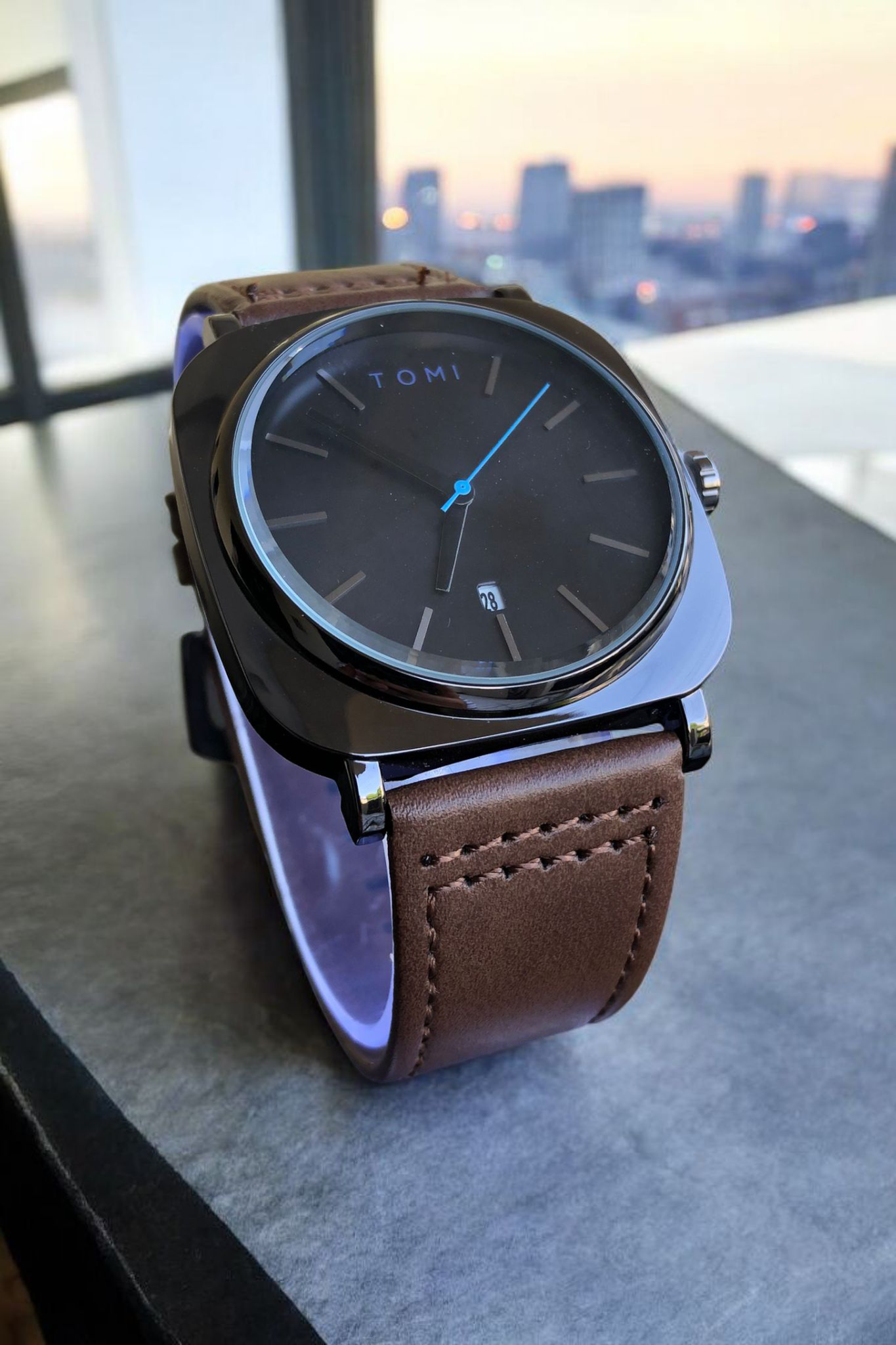 TOMI - T65 Chromium Black Dial With Luxury Brown Leather Strap