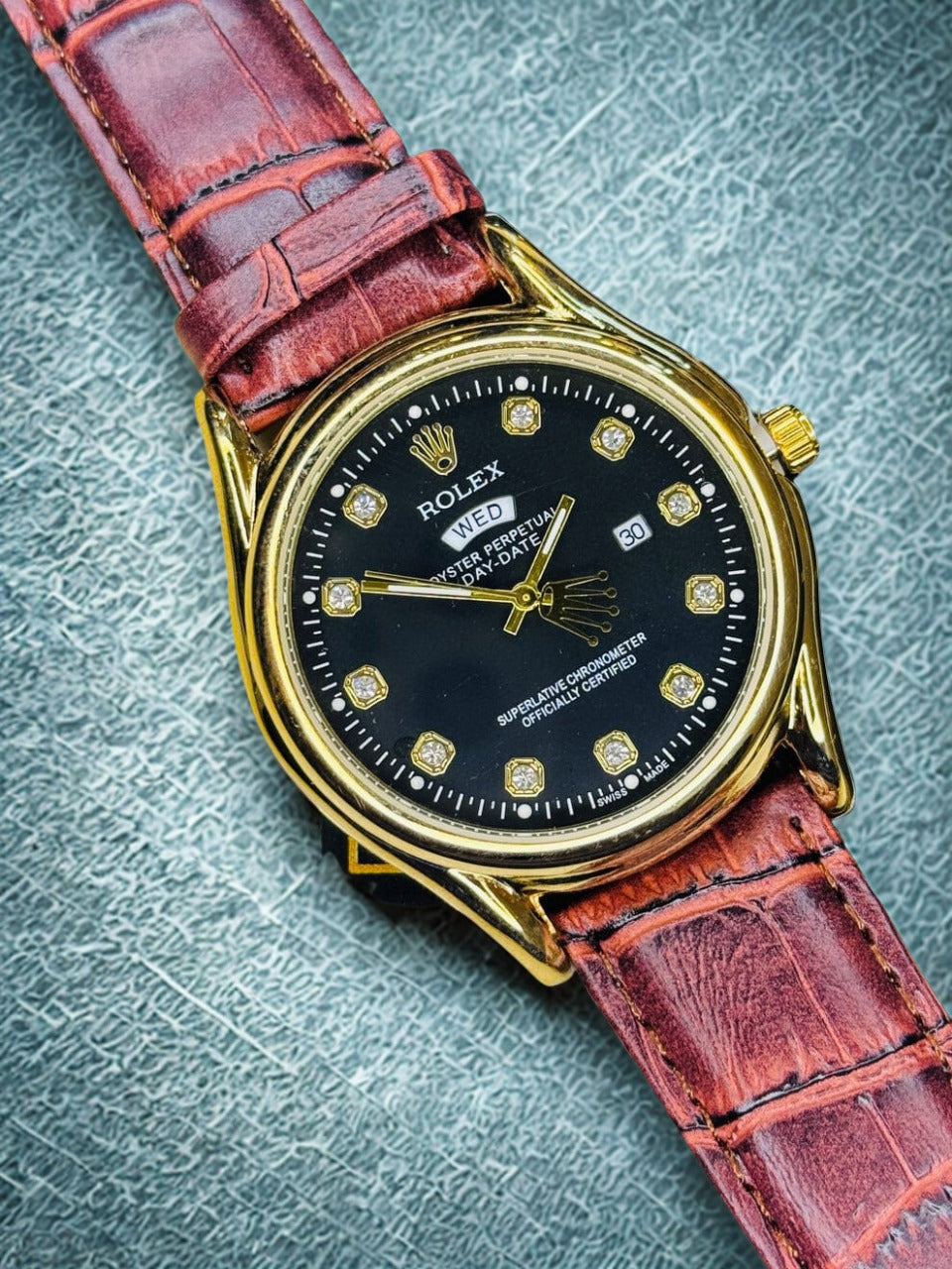 ROLEX Brown Gold Black Round Leather Strap Luxury Watch