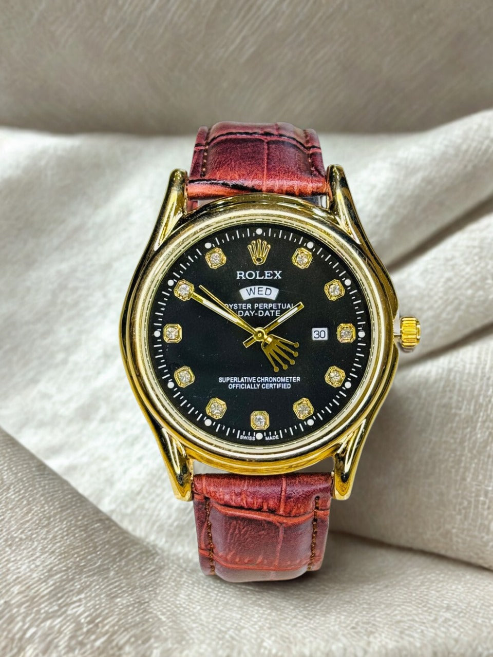 ROLEX Brown Gold Black Round Leather Strap Luxury Watch