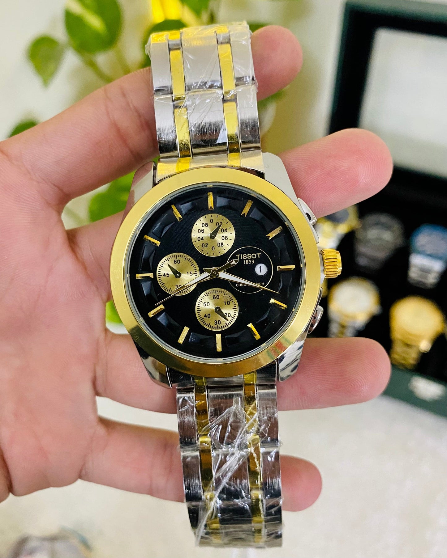 TISSOT- N21 Silver Golden Chain With Stunning Black Dial In Luxury Look