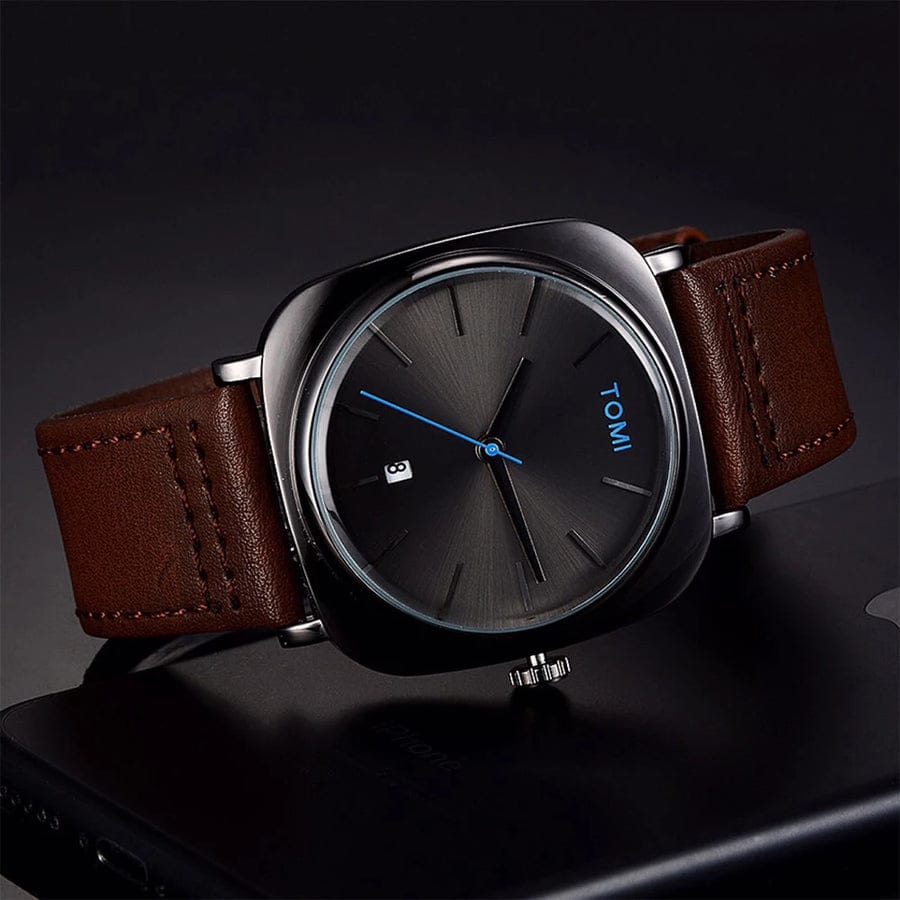 TOMI - T65 Chromium Black Dial With Luxury Brown Leather Strap
