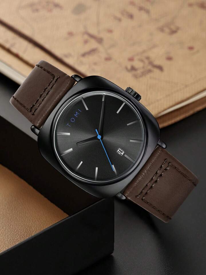 TOMI - T65 Chromium Black Dial With Luxury Brown Leather Strap