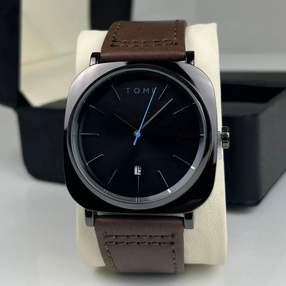 TOMI - T65 Chromium Black Dial With Luxury Brown Leather Strap